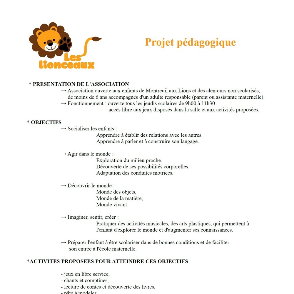 Les Lionceaux - Montreuil aux Lions - projet pédagogique Les Lionceaux - Montreuil aux Lions - projet pédagogique