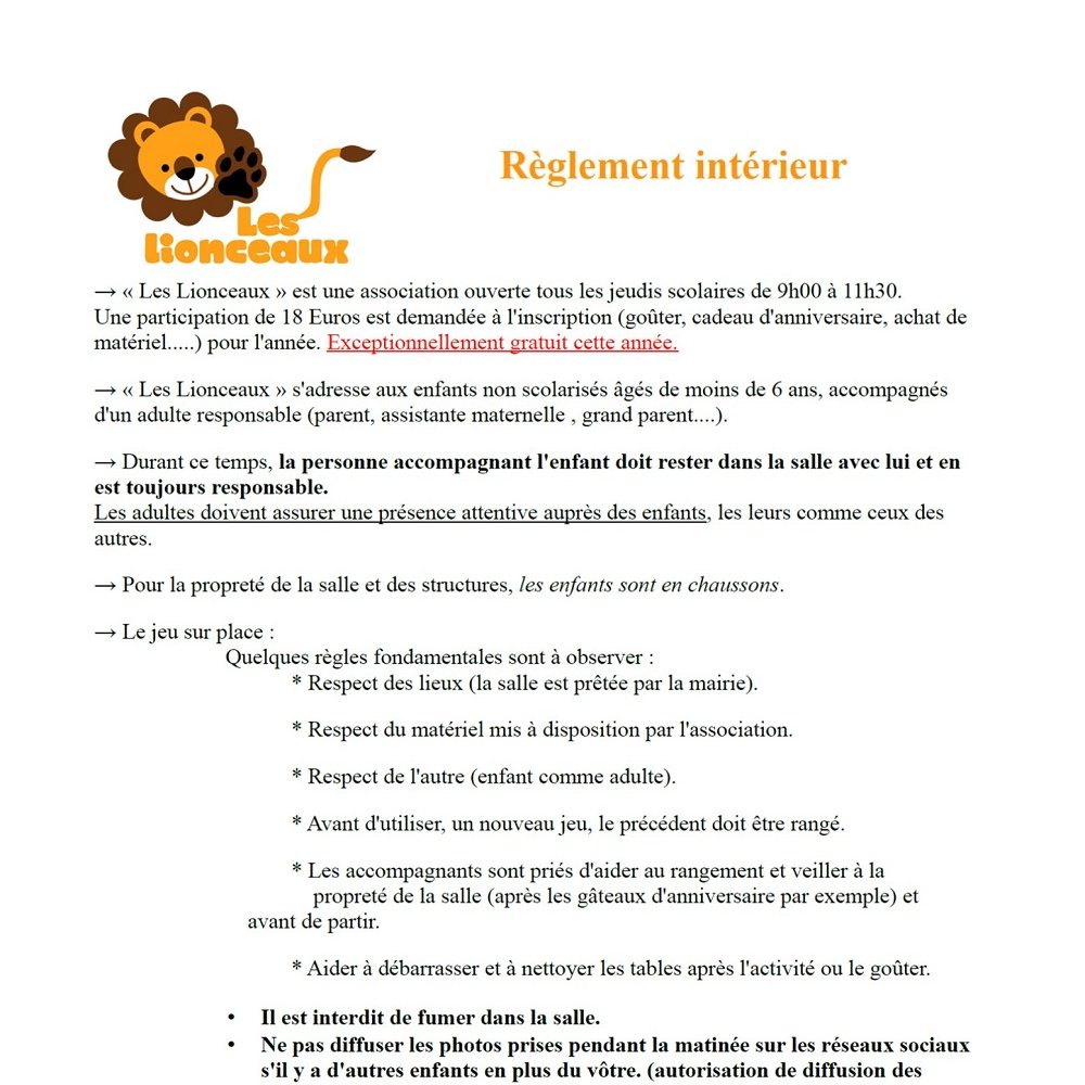 Les Lionceaux - Montreuil aux Lions - règlement intérieur Les Lionceaux - Montreuil aux Lions - règlement intérieur